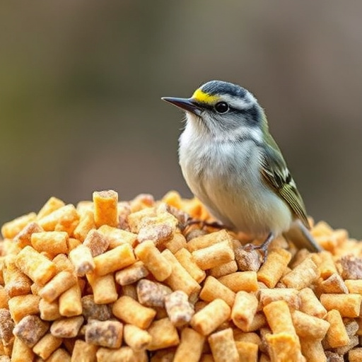 Suet pellets scattered on wooden bird table