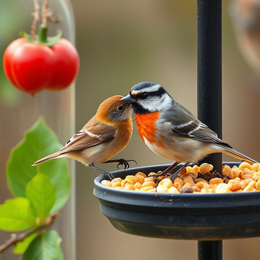Sunlit garden with birds eating seed