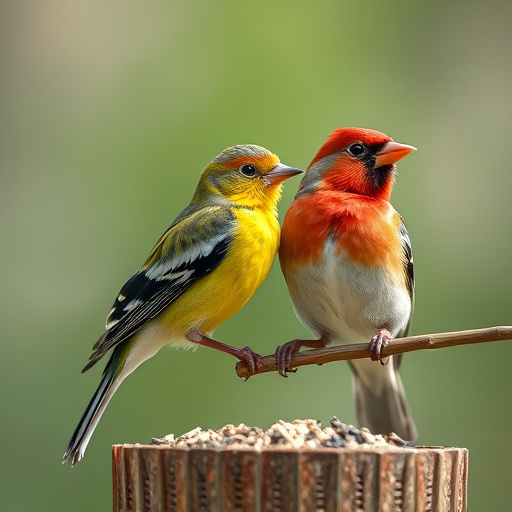 Sunlit garden with birds eating seed