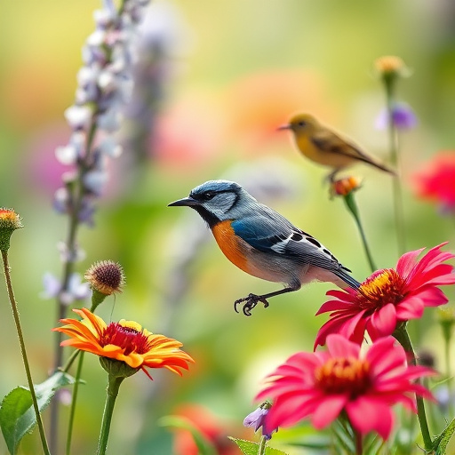Sunlit garden with birds eating seed