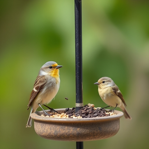 Sunlit garden with birds eating seed