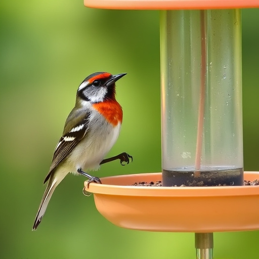 Sunlit garden with birds eating seed