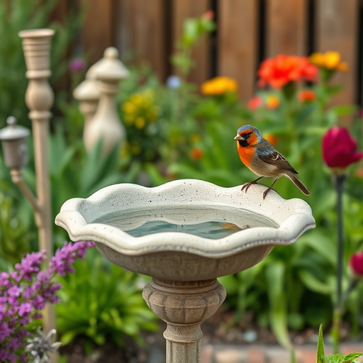 Terracotta bird bath with clear reflection
