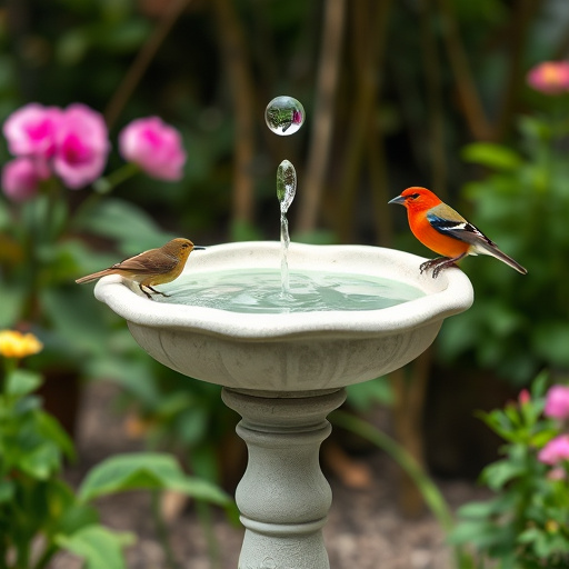 Terracotta bird bath with clear reflection
