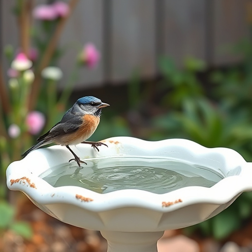 Terracotta bird bath with clear reflection