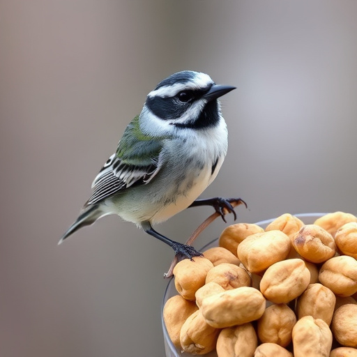 Tit bird feeding from peanut feeder