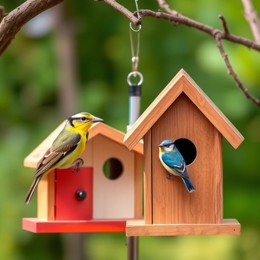 Tree-mounted bird box with bird nearby