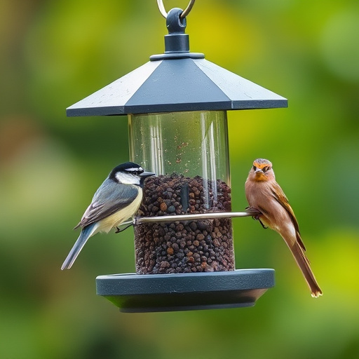 Variety of wild birds around seed feeder