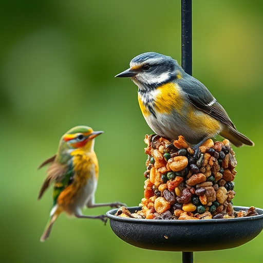 Variety of wild birds around seed feeder