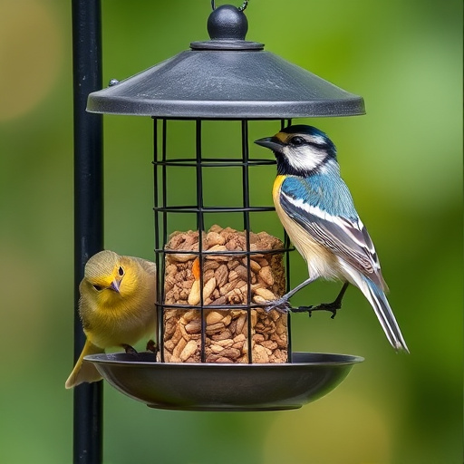 Variety of wild birds around seed feeder