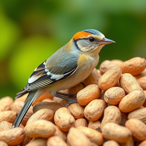 Whole peanuts in mesh bird feeder