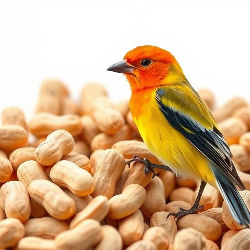 Whole peanuts in mesh bird feeder