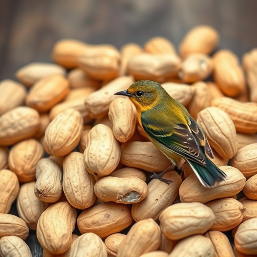 Whole peanuts in mesh bird feeder
