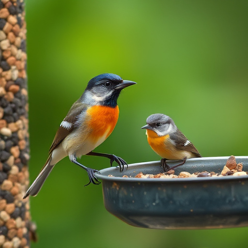 Wild birds eating from ground feeder