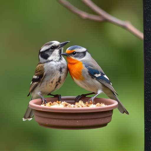 Wild birds eating from ground feeder