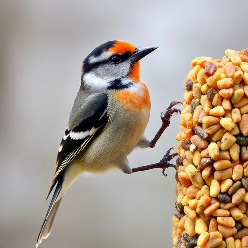 Wild birds eating suet pellets outdoors