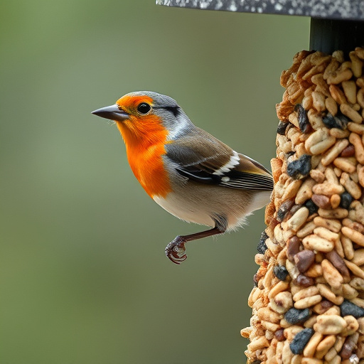 Wild birds eating suet pellets outdoors