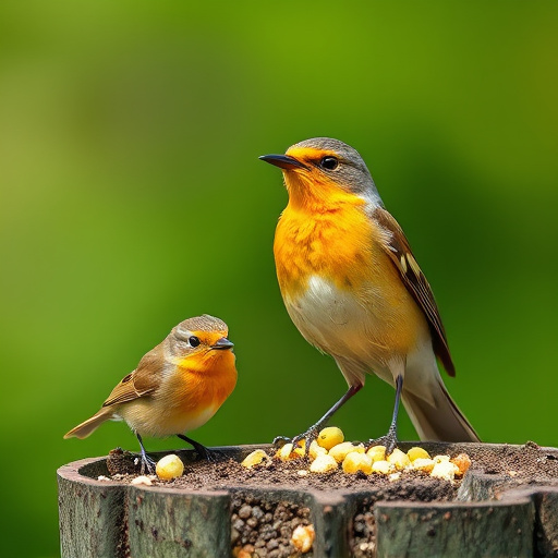 Wild birds enjoying mealworms outdoors