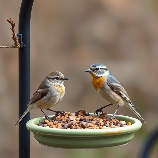 Wild birds pecking at fresh seeds