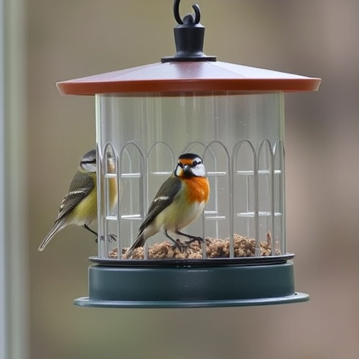 Window feeder filled with seeds outdoors