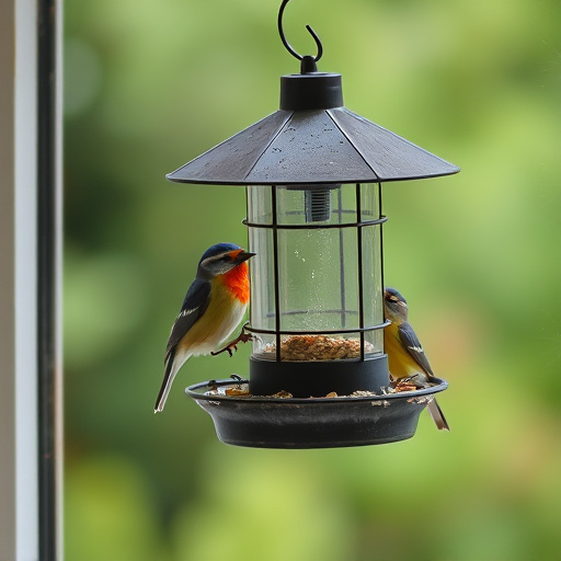 Window feeder filled with seeds outdoors