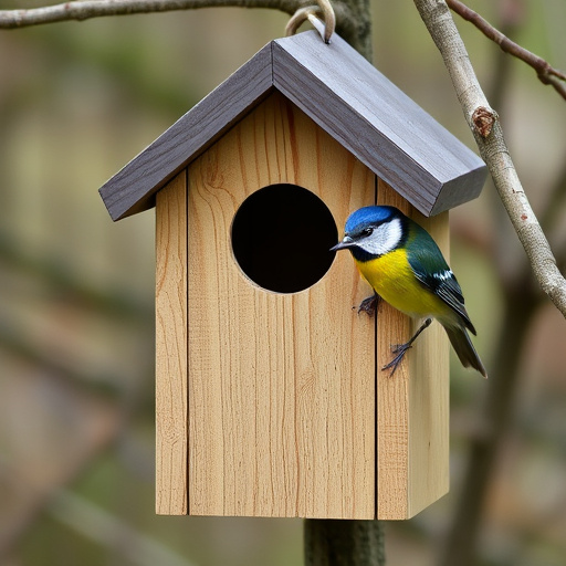 Wooden bird box on tree branch
