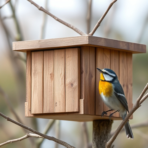 Wooden bird box on tree branch