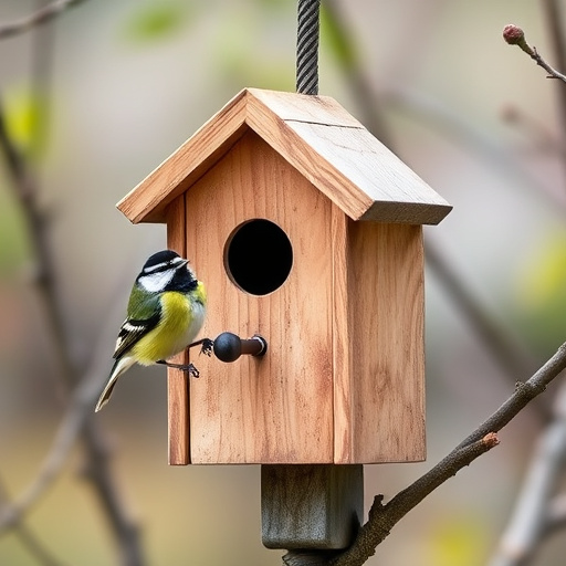 Wooden bird box on tree branch