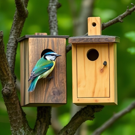 Wooden bird box on tree branch