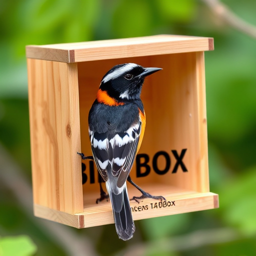 Wooden bird box on tree branch