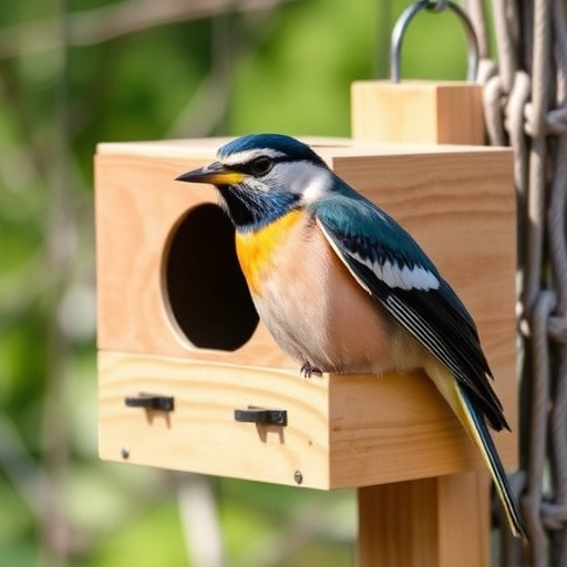 Wooden bird box on tree branch