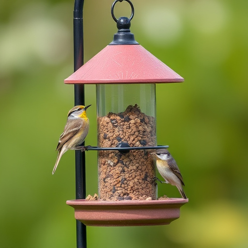 Wooden freestanding bird feeder on lawn