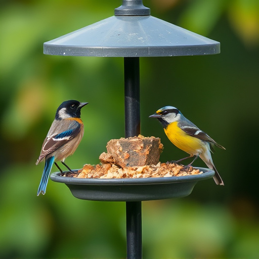 Wooden freestanding bird feeder on lawn