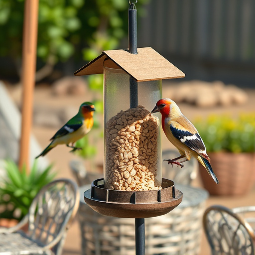 Wooden freestanding bird feeder on lawn