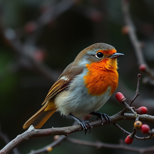 Adult robin perched on mossy branch