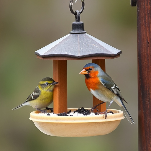 Bird feeding station surrounded by greenery