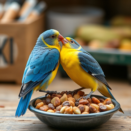Bird food pellets in wooden feeder
