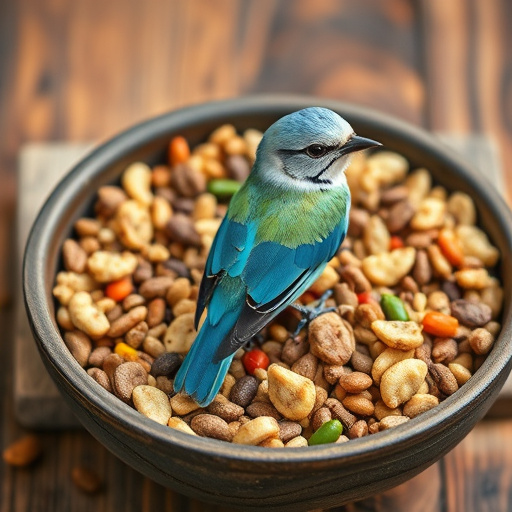 Bird food pellets in wooden feeder