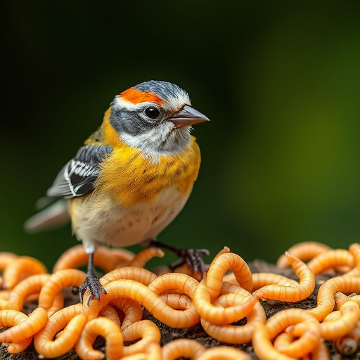 Mealworms scattered on mossy stone perch