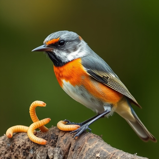 Mealworms scattered on mossy stone perch