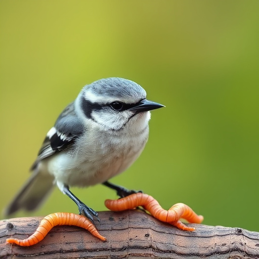 Mealworms scattered on mossy stone perch