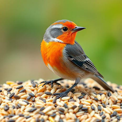 Robins pecking at scattered seed