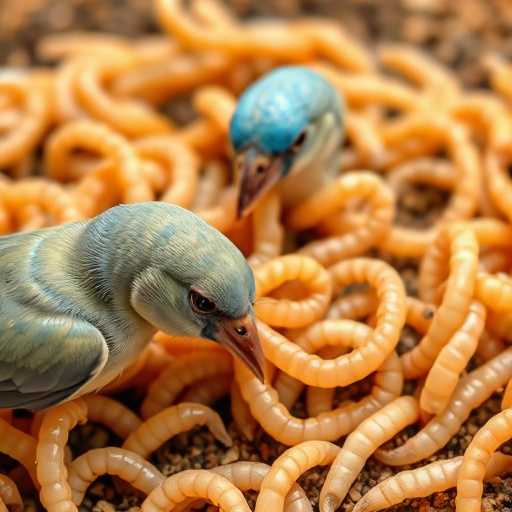 Tits feeding on mealworms in tray