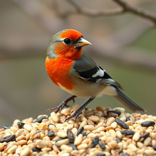 Finch eating from seed-filled feeder