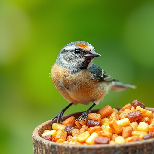 Peanuts in feeder surrounded by sparrows