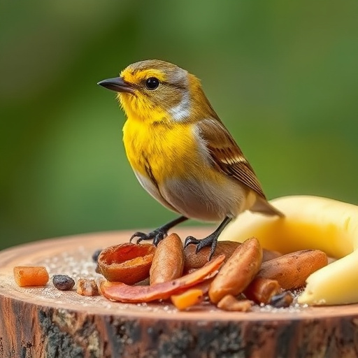 Tiny blue tit pecking suet pellets