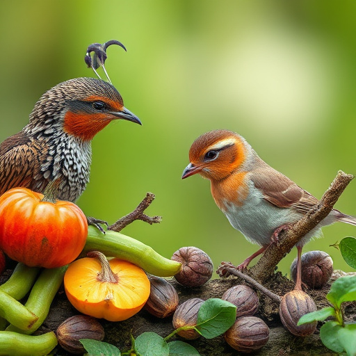 Garden birds sharing fat balls in feeder