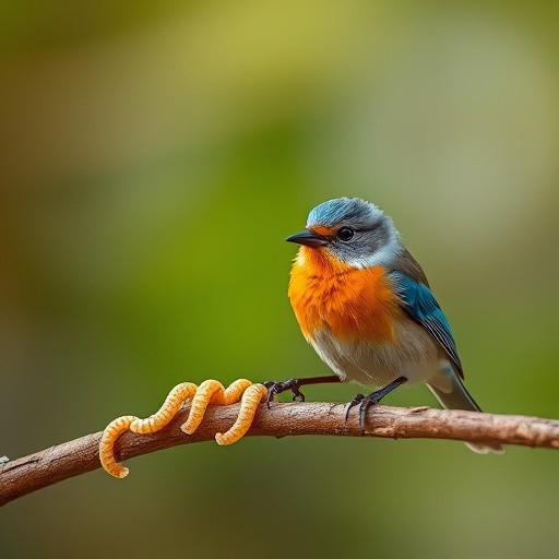 Mealworms scattered on mossy stone perch