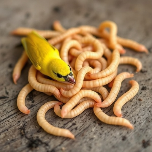 Mealworms scattered on mossy stone perch