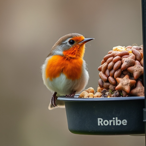 Robin perched beside suet-filled feeder